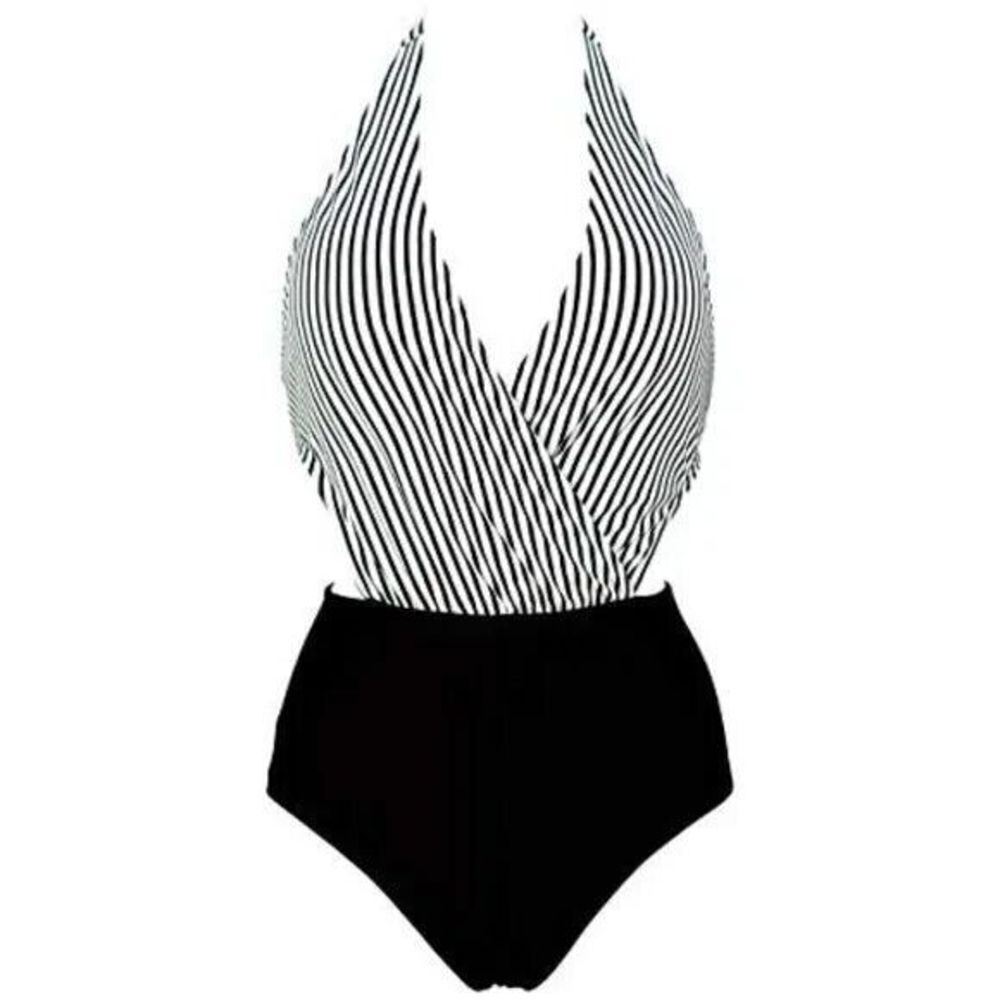 Cocoship Women's Black Striped V-neck One-Piece Swimsuit halter tie at neck sz 6